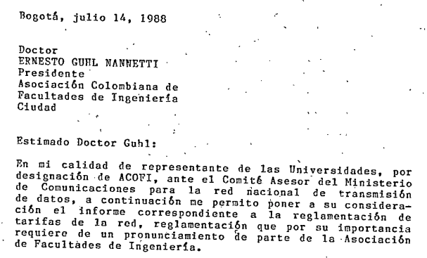 Imagen para Carta del decano de Ingeniería de Uniandes al presidente de la Asociación Colombiana de Ingeniería sobre tarifas de Telecom para transmisión de datos en universidades